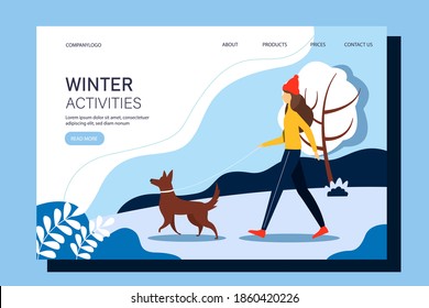 Woman walking with the dog in the park. Landing page template. Cute vector winter illustration in flat style.
