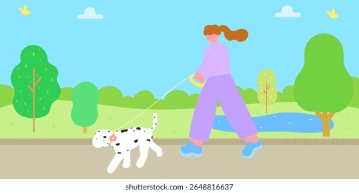 woman walking dog in park, pet care lifestyle concept, flat illustration with natural background