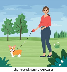 Woman walking with dog in the park. Spring or summer background. Cute Corgi. Flat vector illustration