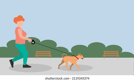 Woman walking dog  in park using retractable leash. Dog sitting and walking services concept