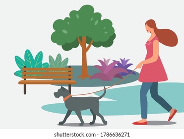 Woman walking with a dog in the park. Vector illustration design
