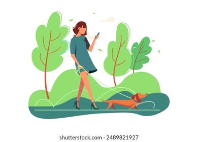 Mujer paseando perro en el parque. Ilustración vectorial que representa a una mujer disfrutando de un paseo con su perro en un parque verde y frondoso.