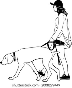 Woman walking with Dog People lifestyle with pet Hand drawn line art illustration