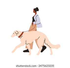 Woman walking dog. Pet owner holding leash, strolling with cute doggy on street. African American girl with big doggy breed, going outdoors. Flat vector illustration isolated on white background