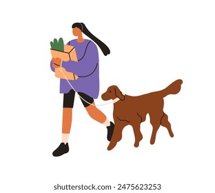 Woman walking dog. Pet owner carrying groceries, shopping bag, going on street. Girl strolling outdoors, leading cute companion doggy on leash. Flat vector illustration isolated on white background