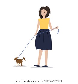 The woman is walking the dog. Pets concept. Walking in the fresh air, taking care of domestic marvels. Vector graphics.