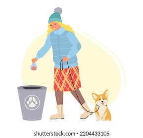 Woman Walking Dog And Picking Up Pet Waste Vector Illustration. Female Character Throwing Canine Poop In Special Bag Into Trash Can Isolated On White Background