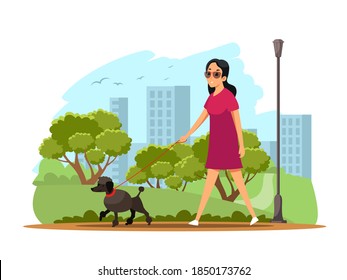 Woman walking with dog in public city park illustration. Healthy lifestyle outdoor vector. Happy girl leads a dog on leash smiling. Urban life in nature scene. Young female character on stroll.