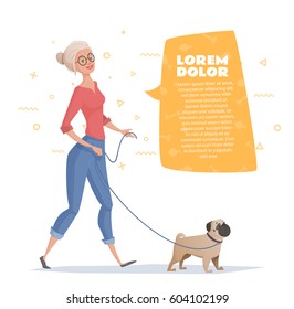 A woman is walking with a dog pug. Woman with a text bubble. Vector illustration for a magazine, banner.