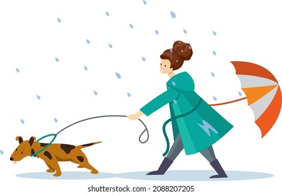 Woman Walking Dog In Rain With Umbrella. Cute Vector Illustration In Flat Style.