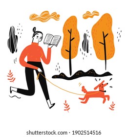 The woman walking dog reading a favorite book, Vector Illustration doodle style on white background