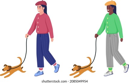 Woman walking with dog semi flat color vector character set. Posing figures. Full body people on white. Winter isolated modern cartoon style illustration for graphic design and animation bundle