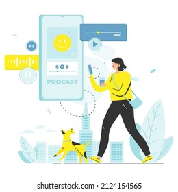 Woman Walking Dog With Smartphone And Listening To Podcast Online, Vector Illustration. Audio Podcast, Radio Show.