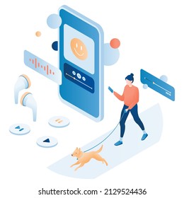 Woman Walking Dog With Smartphone And Listening To Music, Radio Program, Audiobook Or Podcast Online, Flat Vector Isometric Illustration. Podcasting.