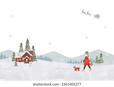 Woman walking dog snowy Christmas watercolor