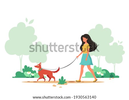 Woman walking with dog in spring. Outdoor activity concept. Vector illustration.