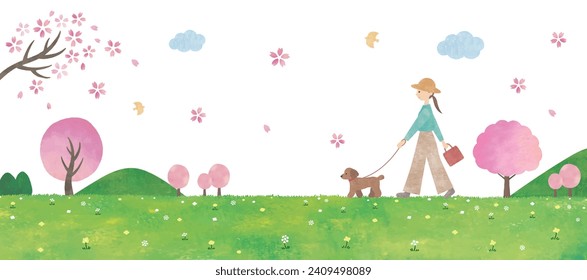 Woman walking with dog in spring watercolor