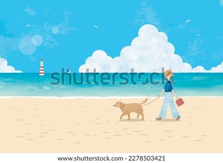 Woman walking with dog in summer beach