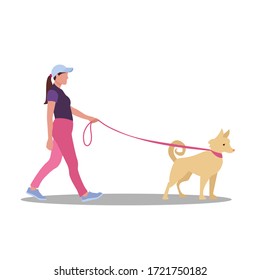 Woman walking a dog in the summer. Cute vector illustration in flat style. Young woman, teenage girl or student, professional female walker walking a dog on a leash illustration