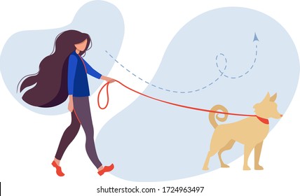 Woman walking a dog in the summer. Cute vector illustration in flat style. Young woman, teenage girl or student, professional female walker walking a dog on a leash illustration