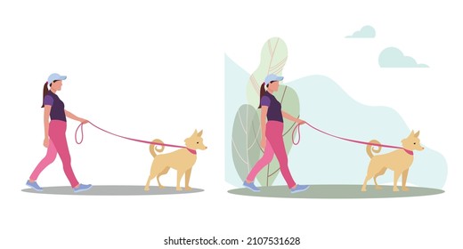 Woman walking a dog in the summer. Cute vector illustration in flat style.