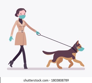 Woman walking with dog under quarantine both wearing masks. Pet owner taking puppy for walk, following infection protection measures and restrictions from virus. Vector flat style cartoon illustration