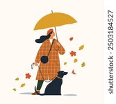 Woman walking with dog under umbrella during autumn rain wearing coat. Cartoon female character on walk with dog in warm clothes on leash. Flat vector illustration.