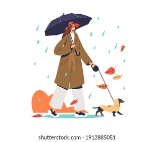 Woman walking with dog under umbrella during autumn rain wearing coat. Cartoon female character on walk with dog in warm clothes on leash. Flat vector illustration