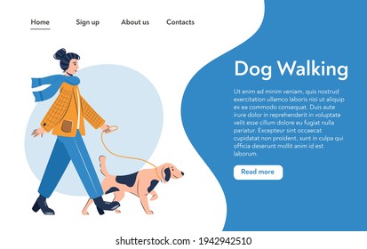 Woman walking with dog vector flat cartoon landing page template. Female character spending time with domestic animal. Girl taking puppy on leash. Dog walker, professional sitter concept.