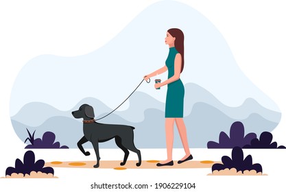 Woman walking the dog. Vector illustration in flat style, concept illustration for healthy lifestyle, sport, exercising