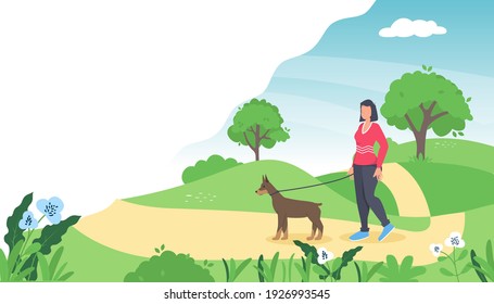 Woman is walking with a dog. Vector illustration in flat style dog walking girl in spring park. Spring time nature landscape. Summer meadow character with pet. Woman dog friendship.