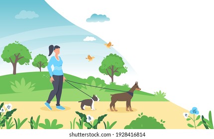 Woman is walking with a dog. Vector illustration in flat style dog walking girl in spring park. Spring time nature landscape. Summer meadow character with pet. Woman dog friendship.