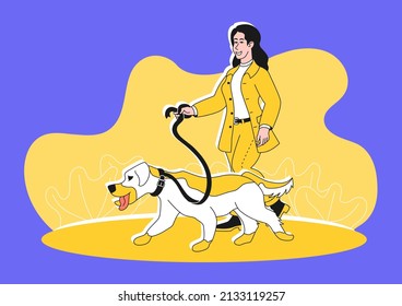 Woman is walking with a dog. Vector illustration in a flat style