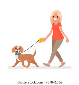 Woman is walking with a dog. Vector illustration in a flat style