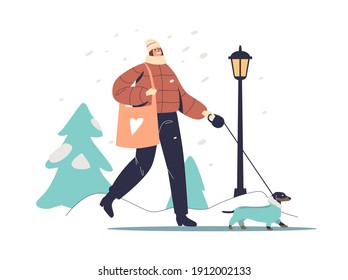 Woman walking with dog in warm coat in winter park over trees in snow. Cartoon female character wearing warm clothes on walk with cute dressed dachshund. Flat vector illustration