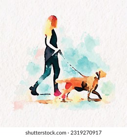 Woman walking a dog water colour style illustration vector 