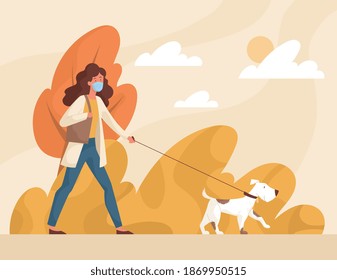 Woman walking dog. Wearing face masks becoming the new normal, concept of healthy life and post covid era, flat cartoon vector illustration