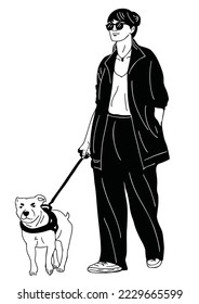 woman walking the dog woman wearing roadside hand drawn illustration