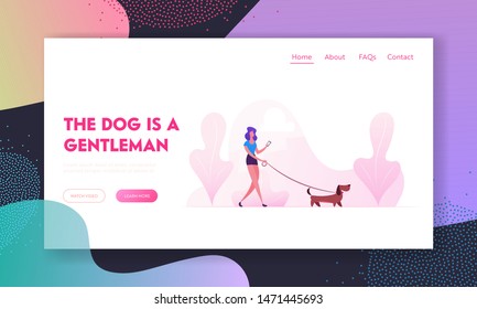 Woman Walking with Dog Website Landing Page. Character Spending Time with Dachshund Pet in Park Relaxing. Leisure with Puppy Communicating with Animal Web Page Banner. Cartoon Flat Vector Illustration