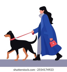 Woman Walking Dog in Winter Coat, Flat Vector Illustration