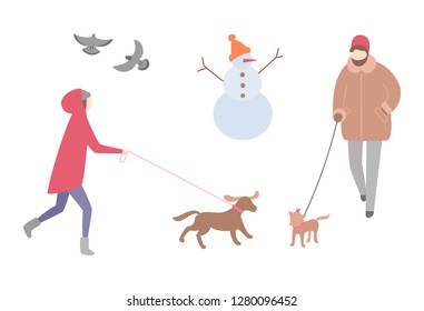 Woman walking dog in winter season activity outdoors vector. Snowman with knitted hat and carrot nose, doves pigeons flying. Person with pet on leash