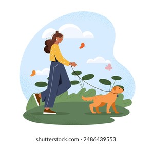 Perro que camina. Chica joven lleva cachorro con correa. Tareas domésticas y rutina. Propietaria y su mascota caminando en el parque de la ciudad. Cuídate de los animales domésticos. Ilustración vectorial de dibujos animados