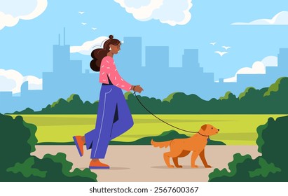 Woman walking dog. Young girl leads puppy on leash. Routine and household chores. Owner with pet and companion in city park. Person with domestic animal. Flat vector illustration