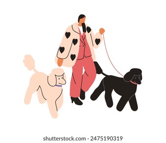 Woman walking dogs. Female per owner holding leash, leading two cute puppies, Poodle breed. Fashion modern lady going with companion doggies. Flat vector illustration isolated on white background