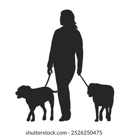 Mujer caminando perros silueta sobre fondo blanco, Vector