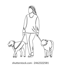 woman walking with dogs sketch on white background vector