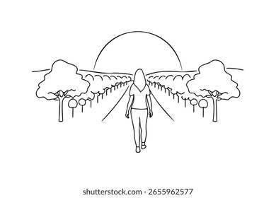 Woman walking down path between trees towards sun Handdrawn continuous line drawing