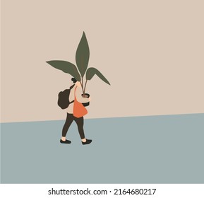 Woman walking down the street carrying tree from flower market. Eco friendly ecology concept. Nature conservation vector illustration