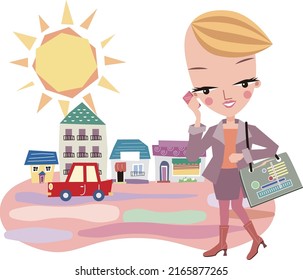 A woman walking down the street on a nice day, making a phone call.vector illustration