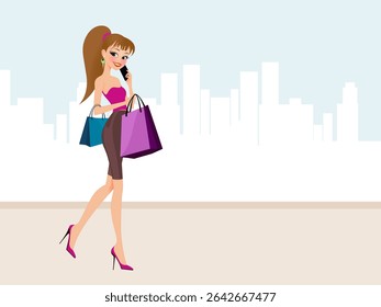 A mulher está andando na rua com sacolas de compras na mão. Ela está falando no celular.